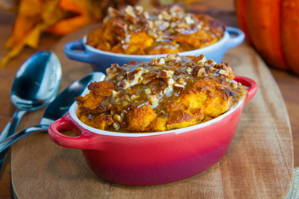 Pumpkin Bread Pudding With Caramel-Pecan Sauce